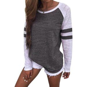 🆕Women Dark Grey Cotton Blend Long Sleeve Baseball Tee Shirt Color block